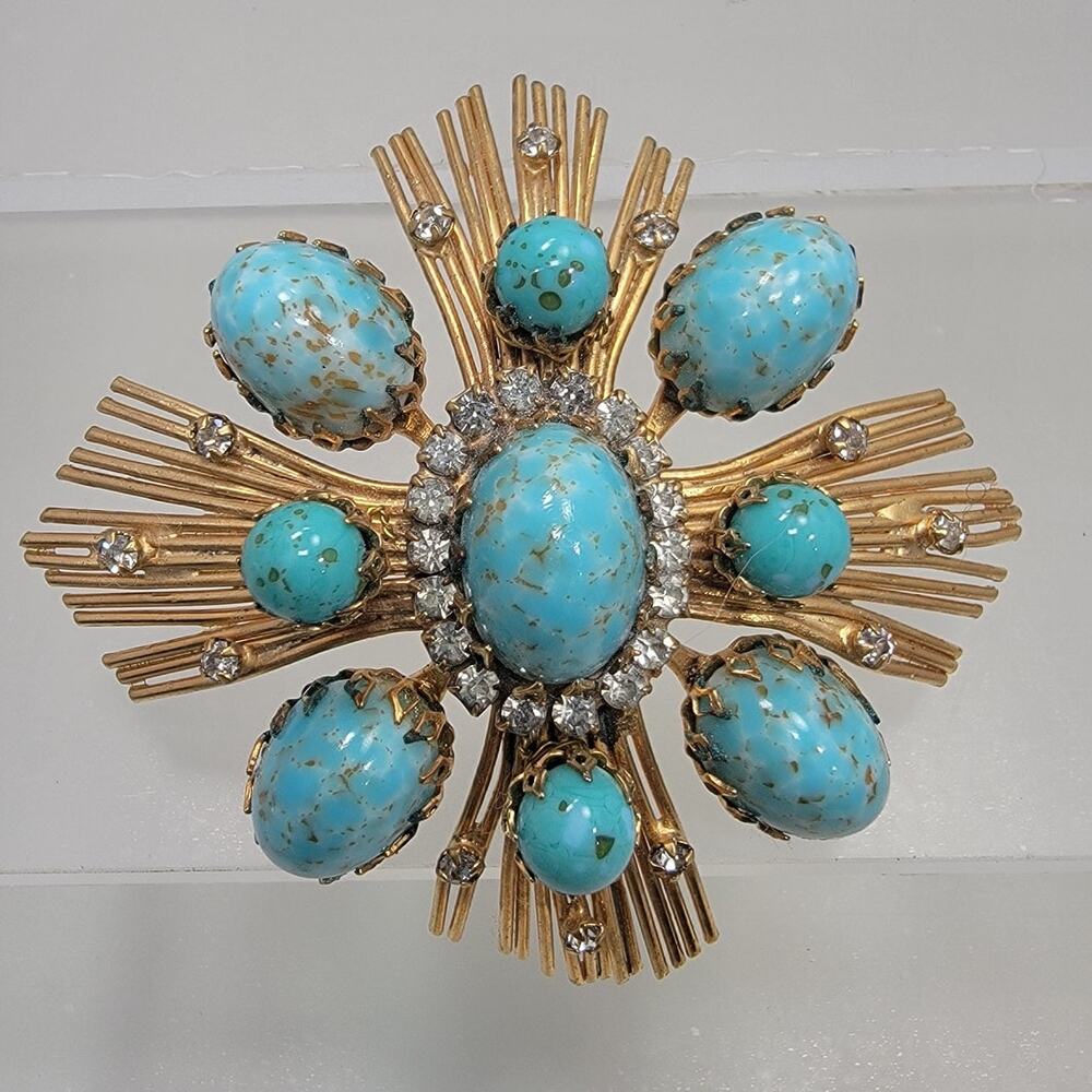 Sandor Designed Starburst Turquoise & Rhinestones Feathered Metal Fur Pin Brooch